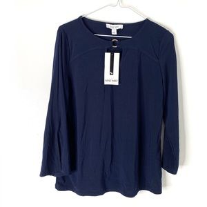 Nine West Midnight Blue Keyhole Ring Blouse NWT Split Sleeve Gold Detail